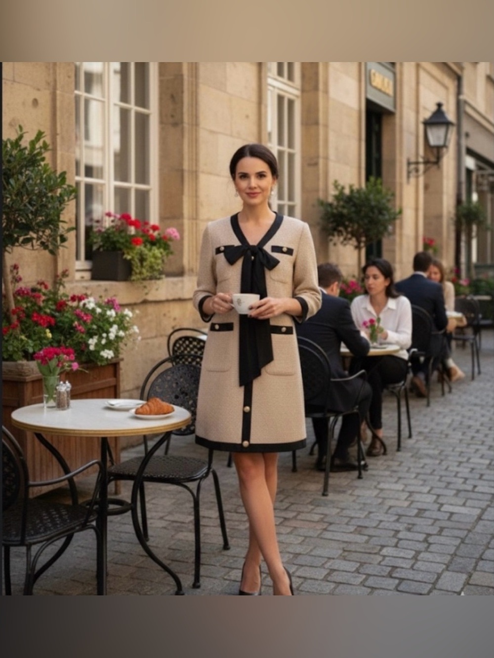 Tuckernuck Beige Long-Sleeve Bow-Front Dress with Black Trim